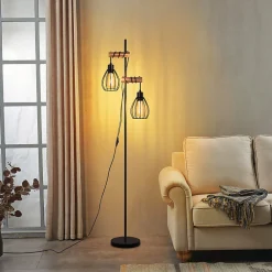 Nettlife lampadaire salon lampadaire noir : lampadaire bois métal industriel e27 lampadaire 2 lumières 152cm (sans ampoule)