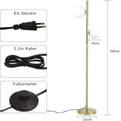 NETTLIFE Lampadaire Salon Moderne - Gold Design Lampadaire E27 Douille Lampe de sol avec interrupteur à pied -166cm