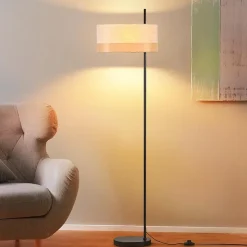 Nettlife Lampadaire Vintage Salon - Lampe sur Pied Tissu Blanc E27 Interrupteur à Pied, Rustique Rétro pour Chambre (Sans Ampoule)