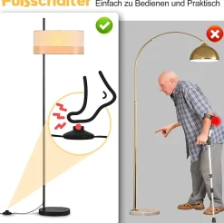 Nettlife Lampadaire Vintage Salon - Lampe sur Pied Tissu Blanc E27 Interrupteur à Pied, Rustique Rétro pour Chambre (Sans Ampoule)