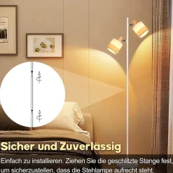 Nettlife Lampadaire Vintage Bois 2 Ampoules E14 - Rétro, Abat-jour Tissu, Rotatif, Interrupteur à Pied pour Salon (Sans Ampoules)