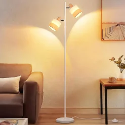 Nettlife Lampadaire Vintage Bois 2 Ampoules E14 - Rétro, Abat-jour Tissu, Rotatif, Interrupteur à Pied pour Salon (Sans Ampoules)