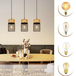 NETTLIFE Lampe à suspendre Vintage Bois veiné Table à manger Noir Industriel E27 25W Suspension