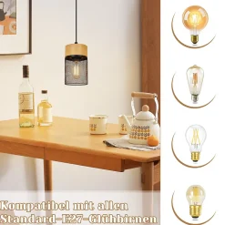 NETTLIFE Lampe à suspendre Vintage Bois veiné Table à manger Noir Industriel E27 25W Suspension
