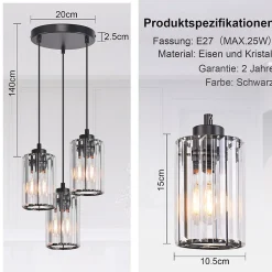 NETTLIFE Lampe à Suspension Pour Table à Manger En Cristal Noir Moderne 3 Flammes E27
