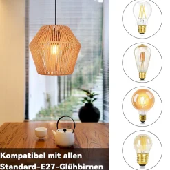 NETTLIFE Lampe à suspension vintage en rotin 150 cm E27 40W