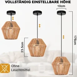 NETTLIFE Lampe à suspension vintage en rotin 150 cm E27 40W