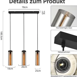 NETTLIFE Lampe à Suspension Pour Table à Manger En Verre Noir Mat Rétro 3 Flammes E27