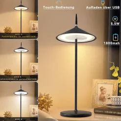 Nettlife lampe de chevet tactile sans fil led lampe de table noire dimmable 1800mha rechargeable avec usb, led, ip44