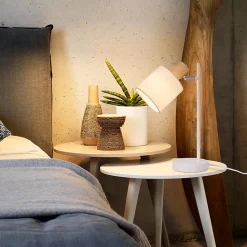 Nettlife lampe de chevet bois vintage 35.5cm e14 lampe de table blanc abat-jour tissu avec interrupteur orientable sans ampoule