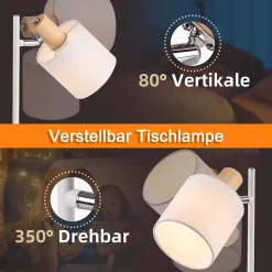Nettlife lampe de chevet bois vintage 35.5cm e14 lampe de table blanc abat-jour tissu avec interrupteur orientable sans ampoule