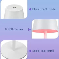 Nettlife Lampe de chevet LED RGB, 2600mAh, rechargeable, tactile, dimmable, blanc, USB