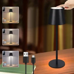 Nettlife Lampe de chevet sans fil, LED 2600mAh, lampe de table extérieur rechargeable, tactile, noire, avec USB
