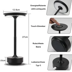 Nettlife lampe de chevet sans fil à led, rechargeable par usb, tactile, à intensité variable, noire