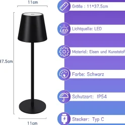 Nettlife Lampe de chevet sans fil, LED RGB 2600mAh, lampe de table extérieur rechargeable, tactile, dimmable, noire, TYPE-C/USB