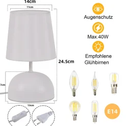 NETTLIFE Lampe de chevet Lot de 2 lampes de table avec câble Blanc Tissu Lampe de nuit Moderne Chambre à coucher Design