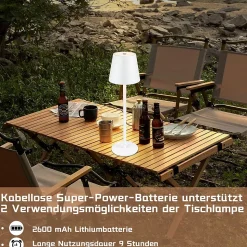 Nettlife Lampe de chevet sans fil, LED 2600mAh, lampe de table extérieur rechargeable, tactile, blanche, avec prise USB