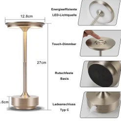 Nettlife lampe de chevet sans fil à piles - lampe de table led tactile à intensité variable avec batterie rechargeable usb