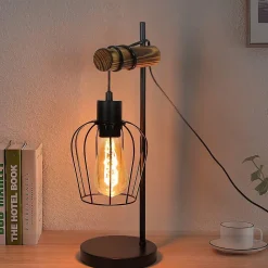 Nettlife Lampe de chevet vintage 1 flamme, métal et bois, E27, interrupteur inclus, sans ampoule