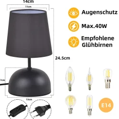 NETTLIFE Lampe de table de chevet lot de 2 avec câble noire petite tissu design moderne