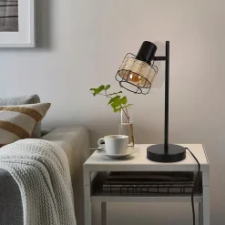 NETTLIFE lampe de table lampe de chevet vintage lampe rétro salon noir en rotin métal E27