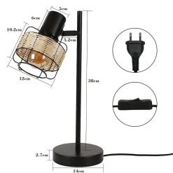 NETTLIFE lampe de table lampe de chevet vintage lampe rétro salon noir en rotin métal E27
