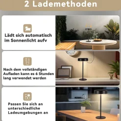 Nettlife lampe de table led solaire sans fil rechargeable tactile à intensité variable noire 3 600 mha avec batterie usb