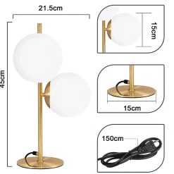 NETTLIFE lampe de table lampe de chevet moderne industrielle dorée 2 ampoules avec interrupteur design métal en verre blanc E27