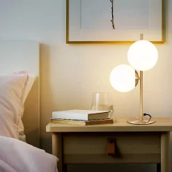 NETTLIFE lampe de table lampe de chevet moderne industrielle dorée 2 ampoules avec interrupteur design métal en verre blanc E27