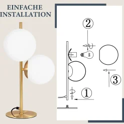 NETTLIFE lampe de table lampe de chevet moderne industrielle dorée 2 ampoules avec interrupteur design métal en verre blanc E27