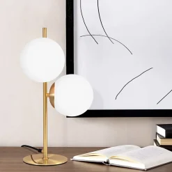 NETTLIFE lampe de table lampe de chevet moderne industrielle dorée 2 ampoules avec interrupteur design métal en verre blanc E27