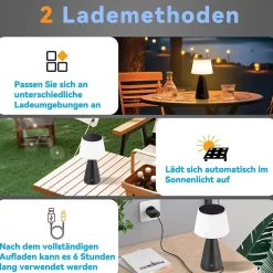 Nettlife lampe de table solaire à batterie, lampe de chevet led sans fil 3600mha rechargeable tactile dimmable lampe noire