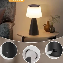 Nettlife lampe de table solaire à batterie, lampe de chevet led sans fil 3600mha rechargeable tactile dimmable lampe noire
