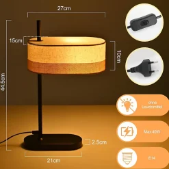 Nettlife Lampe de Table Vintage Salon - Lampe de Chevet Noire en Tissu E14 avec Câble, Lampe de Bureau Rustique (Sans Ampoule)