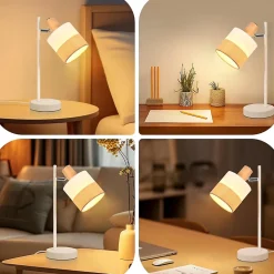 Nettlife Lampe de Table Vintage Bois - Lampe Chevet Tissu E14 Câble, Pivotante Rustique Rétro pour Chambre Bureau (Sans Ampoule)