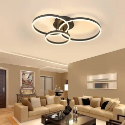 NETTLIFE Lampe plafond LED noire réglable, 82cm, avec télécommande, 74W, design 3 anneaux en acryl