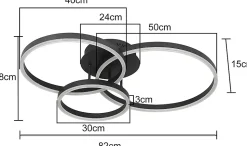 NETTLIFE Lampe plafond LED noire réglable, 82cm, avec télécommande, 74W, design 3 anneaux en acryl