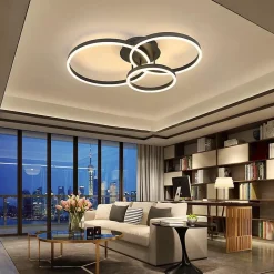 NETTLIFE Lampe plafond LED noire réglable, 82cm, avec télécommande, 74W, design 3 anneaux en acryl