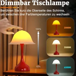 Nettlife Lampe Table Sans Fil LED - Lampe Chevet Tactile, Rouge Forme Chapeau, USB Rechargeable, Veilleuse Salon Chambre