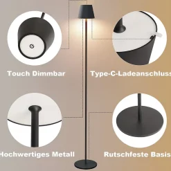 NETTLIFE LED Lampadaire Noir Moderne Dimmable 125cm 3 températures de couleur USB Salon