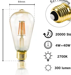NETTLIFE Lot de 6 ampoules LED E27 blanc chaud ampoules Edison rétro 2200K ST64 lampe antique économie d'énergie 4W