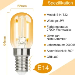 NETTLIFE Lot de 2 ampoules LED E14 T22 vintage 2 W rétro 2700 K Blanc chaud Lampe à économie d'énergie Douille E14 non variable