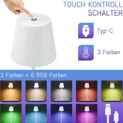 Nettlife Lot de 2 lampes de chevet LED RGB, 2600mAh, rechargeable, tactile, dimmable, blanc, USB