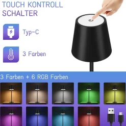 Nettlife Lot de 2 lampes de chevet LED RGB, 2600mAh, rechargeable, tactile, dimmable, noir, USB