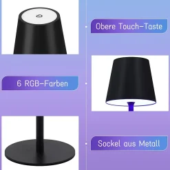 Nettlife Lot de 2 lampes de chevet LED RGB, 2600mAh, rechargeable, tactile, dimmable, noir, USB