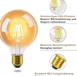 NETTLIFE Pack de 6 ampoules LED E27 lampe vintage - ampoules à filament blanc chaud G80 2700K 4W