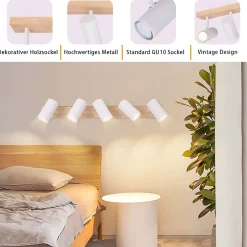NETTLIFE Plafonnier 5 Bras en Bois Blanc avec Spots GU10 Rotatif 350 - Pour Salon Chambre Cuisine Couloir