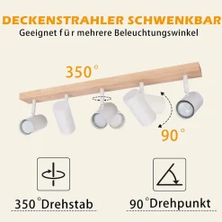 NETTLIFE Plafonnier 5 Bras en Bois Blanc avec Spots GU10 Rotatif 350 - Pour Salon Chambre Cuisine Couloir