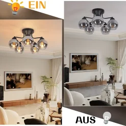 NETTLIFE Plafonnier 5 flammes E27 boule en verre vintage lampe de couloir installation facile, sans ampoule, noir