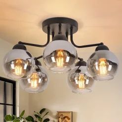 NETTLIFE Plafonnier 5 flammes E27 boule en verre vintage lampe de couloir installation facile, sans ampoule, noir